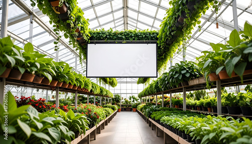 Blank mockup poster hanging between lush green vines in a sunlit indoor plant shop aisle, ready for your design
