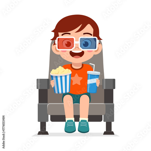 Happy Caucasian Boy Wearing 3D Glasses Watching Movie with Popcorn and Drink Smiling