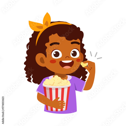 Happy African American Girl Eating Popcorn with a Smile Holding Bucket Illustration
