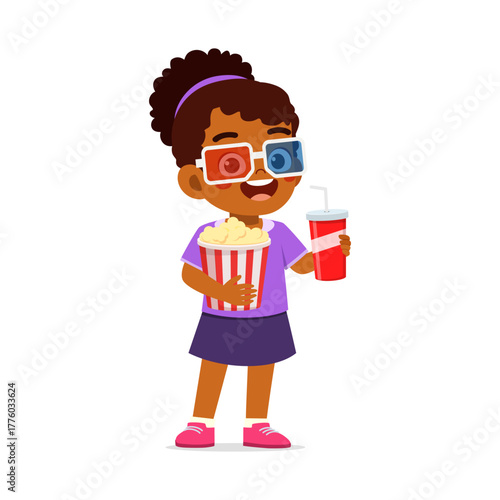 African girl holding popcorn and drink wearing 3D glasses watching movie smiling