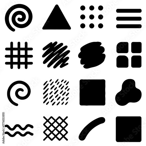 Geometric Pattern Design: A collection of various simple geometric patterns, a diverse assortment of shapes and textures, illustrating a spectrum of design possibilities.