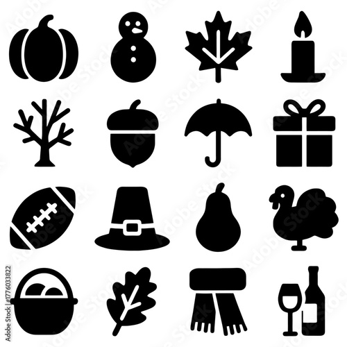 Autumn Iconography: A collection of meticulously crafted, elegant black silhouette icons evokes the warmth and beauty of the autumn season.