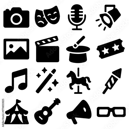 Entertainment Icons: A collection of icons representing various forms of entertainment, from cameras to musical notes, movie clapperboards to spotlights.