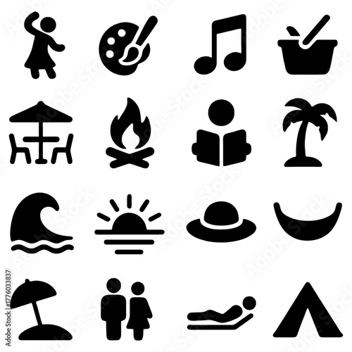 Leisure and Lifestyle Icon Set: A vibrant collection of monochrome icons representing various aspects of leisure and lifestyle, from art and music to beach vacations and outdoor adventures.