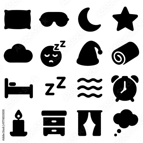 Sweet Dreams: A collection of simple black-and-white icons of sleep-related objects, evokes tranquility and comfort.
