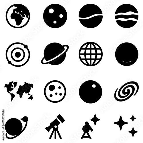 Celestial Cosmos: A series of stylized, graphic illustrations of celestial bodies including planet, moon, solar systems, telescope, and stars create an elegant visual for educational, astronomy.