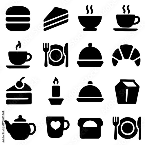 Gastronomic Glyph Extravaganza: A collection of meticulously crafted, starkly rendered glyphs, each a singular representation of culinary elements. This graphic ensemble.