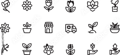 Black and white flower and plant icon set vector - floral, gardening, and nature graphics eps silhouette