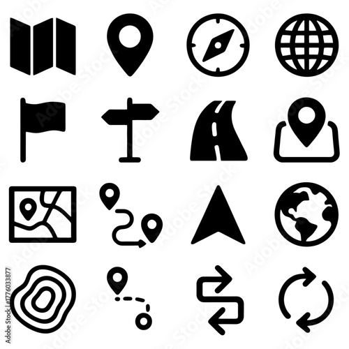 Iconic Navigation Set: A comprehensive collection of navigation icons, each symbolizing key elements like location, direction, and route, all essential for clear and informative communication.