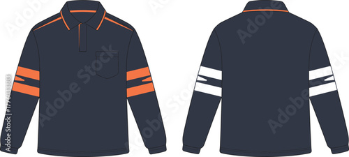 CAD drawing flat vector illustration of long sleeve polo shirt with reflective stripes, workwear uniform, front and back view, apparel design, safety clothing
