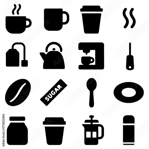 Iconic Coffee and Tea Collection: A visually appealing compilation of coffee and tea-related icons, each representing a quintessential element of the coffee and tea experience.