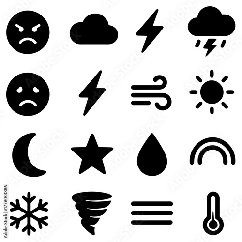 Weather Elements Illustrated: A comprehensive collection of iconic symbols representing diverse weather conditions and atmospheric elements.