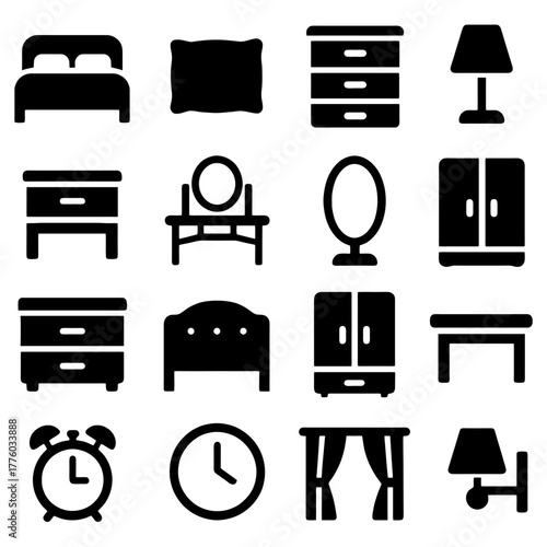 Home Interior Icons: A collection of simple, flat icons representing various furniture and decor elements, ideal for illustrating home design and interior themes. 