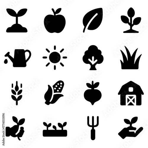 Black Farm Icon Set: An assortment of meticulously crafted icons represents various agricultural elements, capturing the essence of the farm life