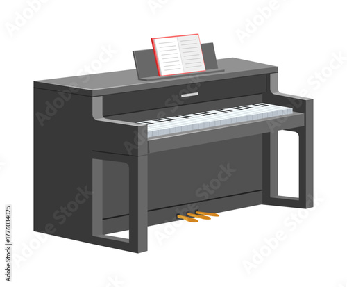 Isometric illustration of grand piano with music sheet isolated on white background