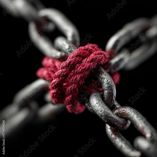 A Crystal Clear photo of weakest link, security break fix and strength concept, metallic chain connected by a red knotted rope on black background.