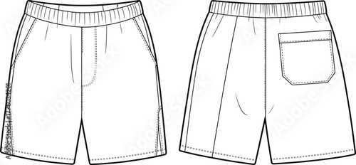 CAD drawing flat vector illustration of men's casual shorts with elastic waistband, front pockets, back pocket, stitching detail, front and back view, summer wear