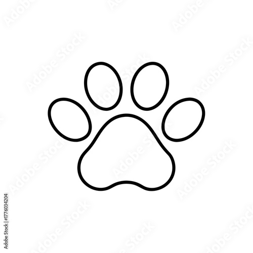 Simple outline drawing of a paw print on white page on transparent background
