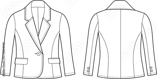 CAD drawing flat vector illustration of women blazer jacket with lapel collar, front and back view, fashion garment, apparel template, outline sketch