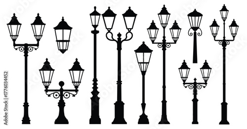 Set of vintage street lamps and ornate pole lights, decorative lanterns, classical urban architecture elements, retro flat vector illustrations, perfect for elegant design, historical, and cityscape p