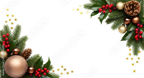 Christmas corner decoration with fir branches, baubles, pine cones, holly berries, and golden confetti isolated on transparent background
