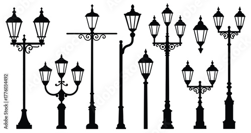 Set of vintage street lamps and ornate pole lights, decorative lanterns, classical urban architecture elements, retro flat vector illustrations, perfect for elegant design, historical, and cityscape p