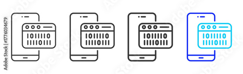 Mobile Programming icon set collection in creative outline style for business and corporate projects featuring multiple thickness variations suitable for information technology design