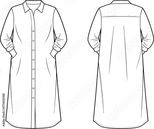 Cad drawing flat vector illustration, long shirt dress technical sketch, button down dress template, fashion apparel design, clothing pattern outline