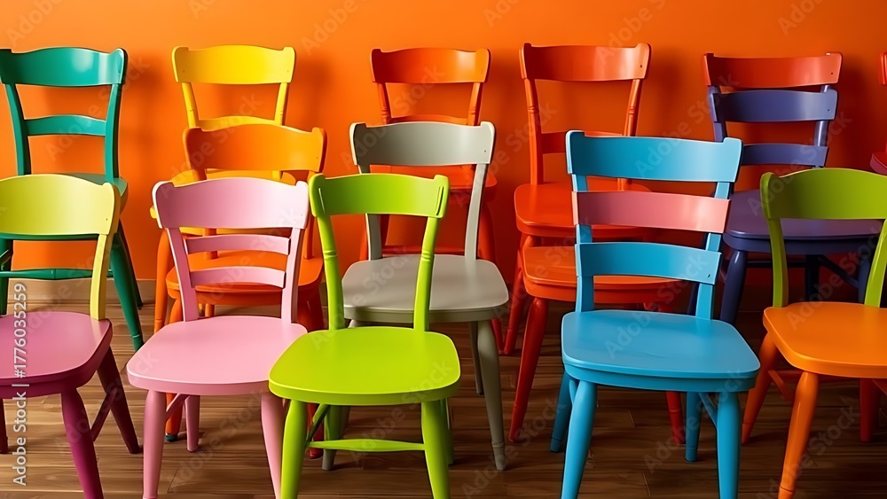 Naklejka premium mismatched. A playful arrangement of mismatched chairs in vibrant colors, representing whimsical seating dilemmas. lifestyle magazines.