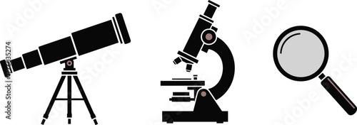 Telescope, microscope, magnifying glass, scientific tools, optical instruments, vision enhancement, research equipment, black silhouette, vector illustration, science concept, discovery icon