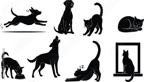 Cat and dog silhouette vector set, pet animal icons, black shapes, domestic animals in action, sitting, stretching, and sleeping