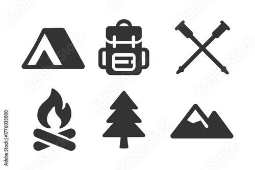 Camping and hiking icons featuring tent, backpack, trekking poles, campfire, tree, and mountain.