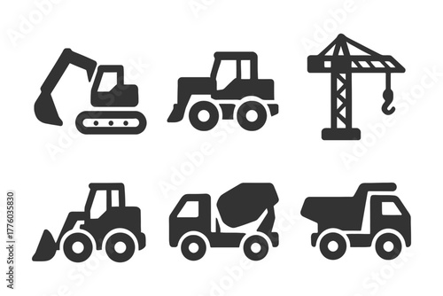Collection of construction equipment icons: excavator, bulldozer, crane, mixer, dumper.
