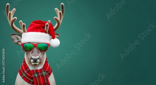Festive reindeer with Santa hat and sunglasses against green background.
