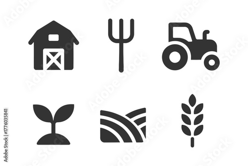 Farm icons set: barn, pitchfork, tractor, plant, field, wheat symbols.