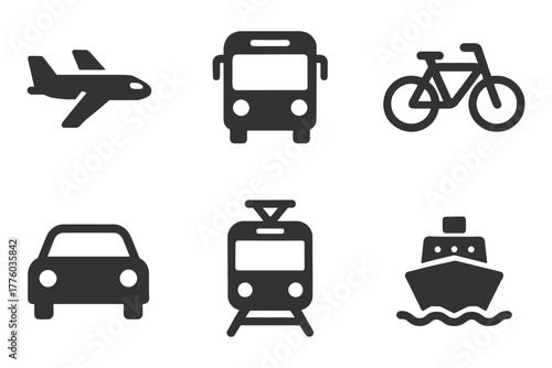 Icon set of transportation modes: airplane, bus, bicycle, car, train, ship.