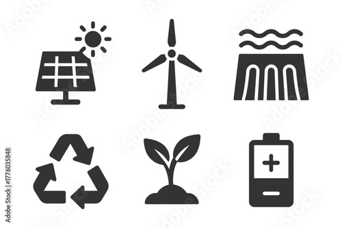 Renewable energy icons: solar, wind, hydro, recycling, plant growth, battery.