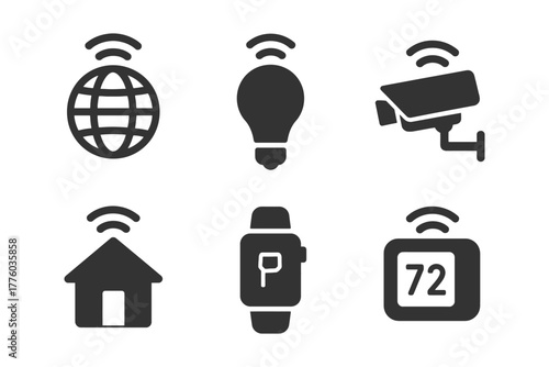 Smart home icons: globe, lightbulb, camera, house, watch, thermostat symbols.
