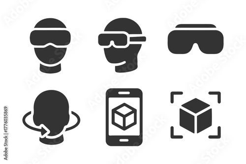 Virtual reality and augmented reality icons set with headsets and 3d cube.