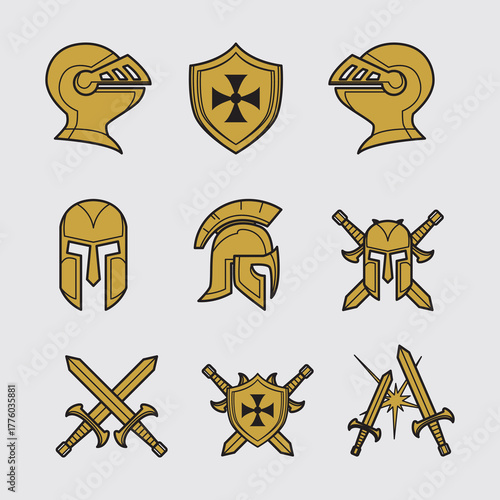 Golden Medieval Knight and Warrior Icon Set
