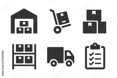 Warehouse and logistics icons: storage, delivery, inventory, and checklist symbols.