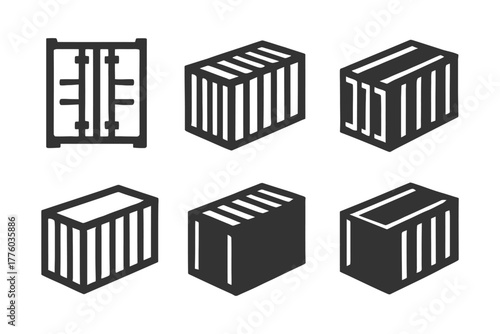 Set of six black shipping container icons in various perspectives.