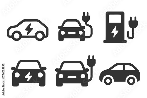 Electric vehicle icon set: charging cars and stations.