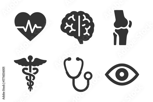 Medical icons: heart, brain, joint, caduceus, stethoscope, eye.