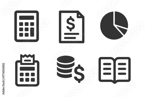 Financial icons set: calculator, invoice, pie chart, and book.