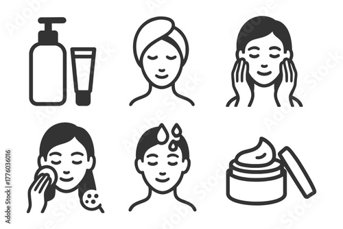 Skincare routine icons: cleansing, moisturizing, facial care.