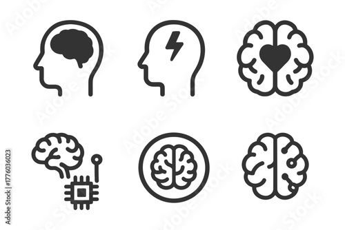 Brain icon set representing intelligence, technology, emotion, and thinking concepts.