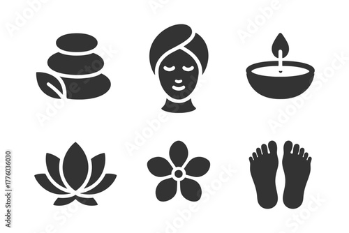 Spa icons set: stones, candle, female face, footprints, floral designs.