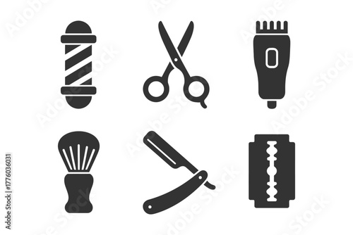 Barber tools icons: scissors, clippers, razor, brush, blade.