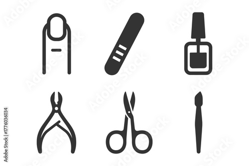Essential manicure tools icons: nail file, polish, clippers, scissors, brush.